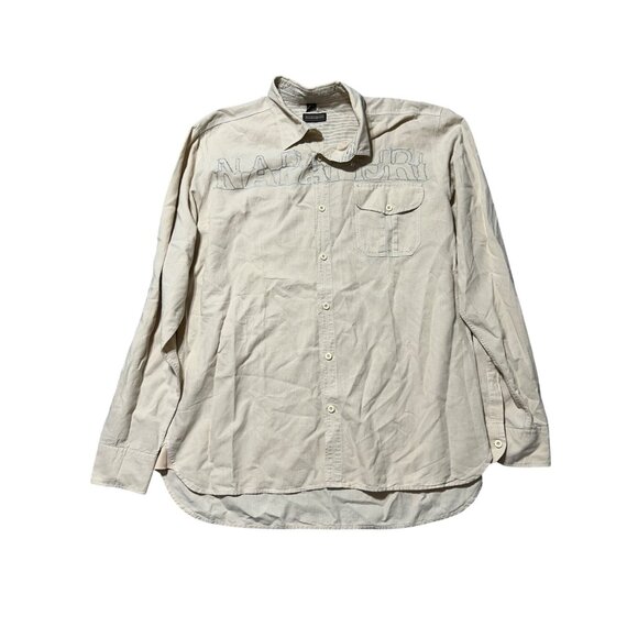 Napapijri Mens XXL Beige Long Sleeve Button-Up Shirt W/ Embroidered Logo - Picture 1 of 9